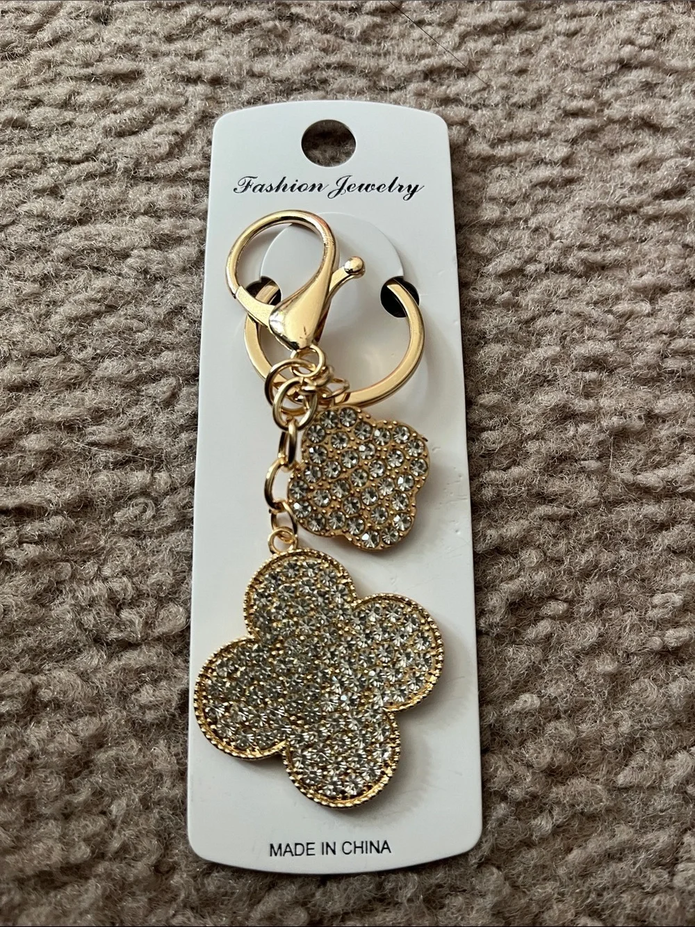 Gold Crystal Clover Keychain Charm - Fashion Jewelry